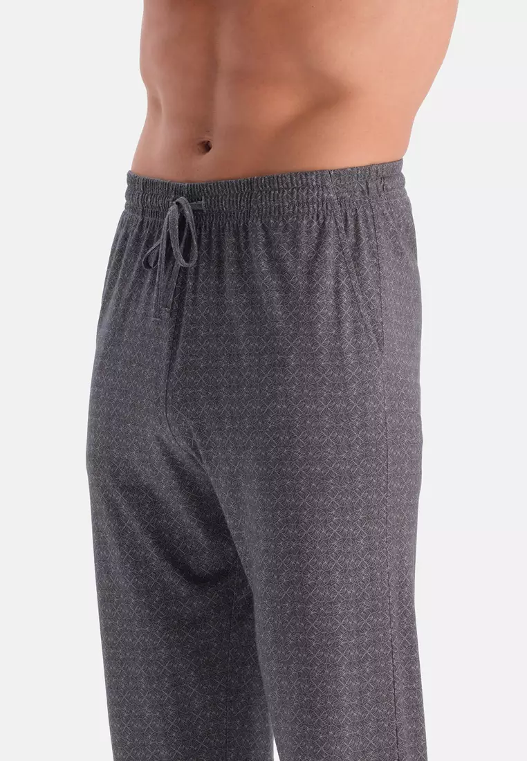 Grey T-Shirt & Trousers Knitwear Set, Crew Neck, Oversize, Long Leg, Short Sleeve Sleepwear for Men