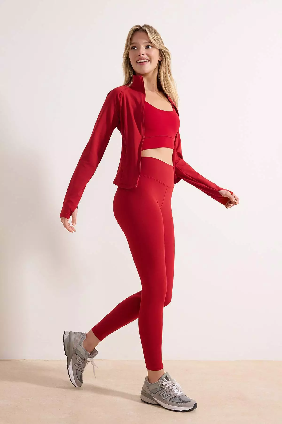 Red Soft Brushed Fabric Reflector Print Detailed Full Length Knitted Sports Leggings Thmaw25Ty2