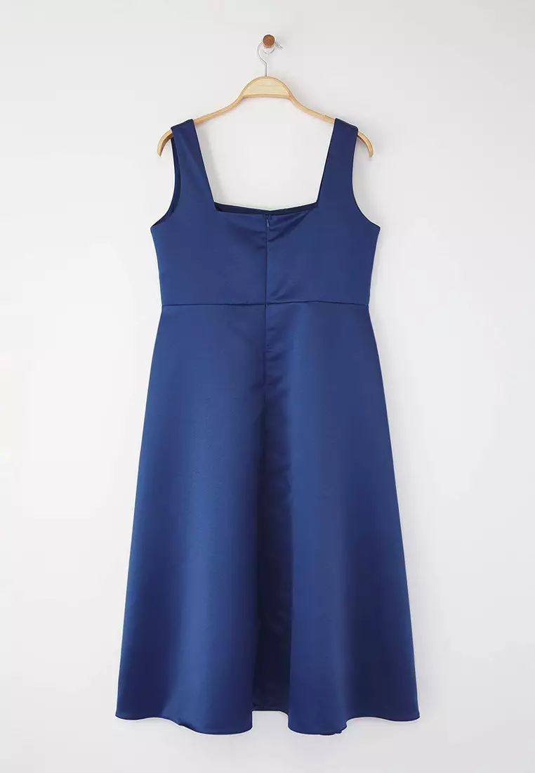 Navy Blue Satin Woven Large Size Dress