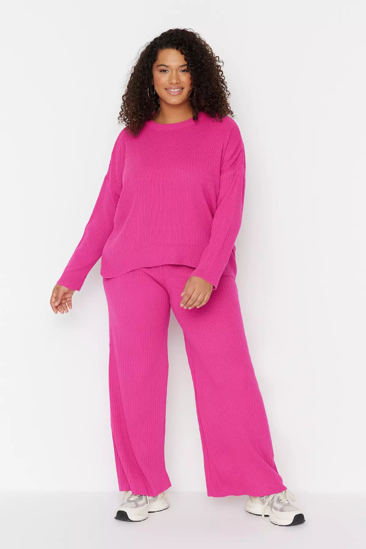 Trendyol Plus Size Fuchsia Ribbed Crew Neck Knitwear Sweater