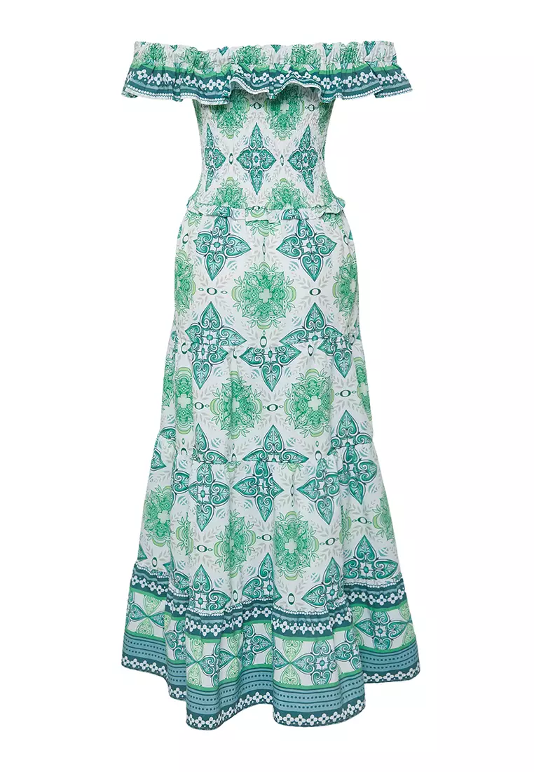 Green Floral A-Line Gipe Detail Maxi Woven Dress Twoss25El00195