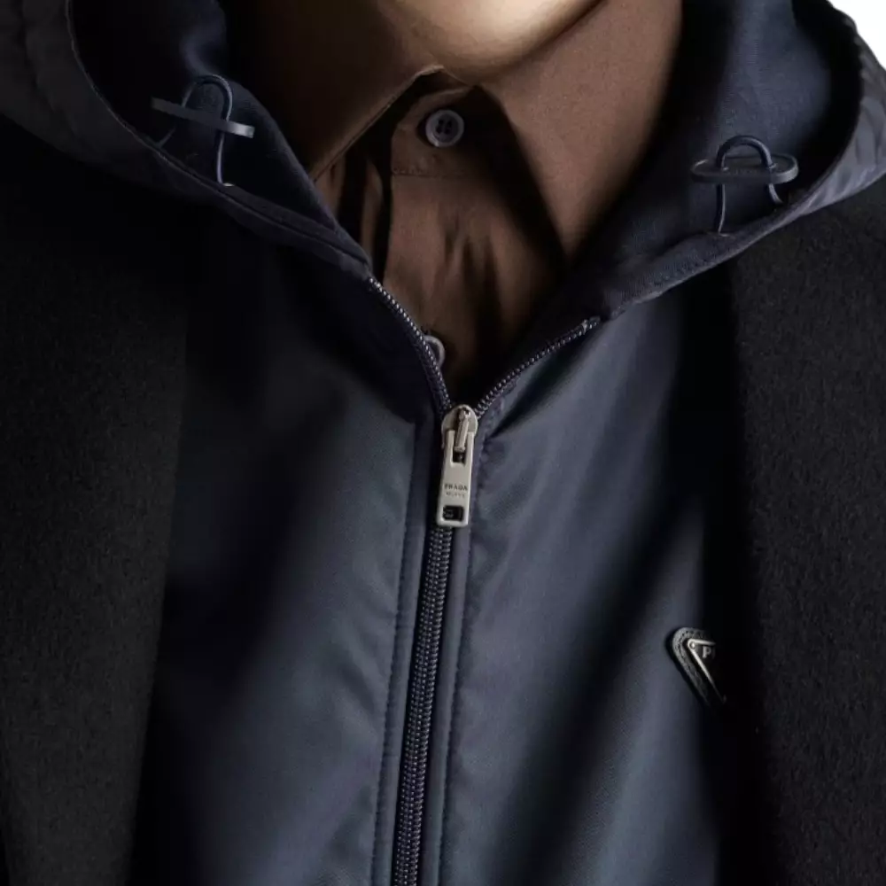 Technical Cotton and Re-Nylon Hoodie Jacket Blue