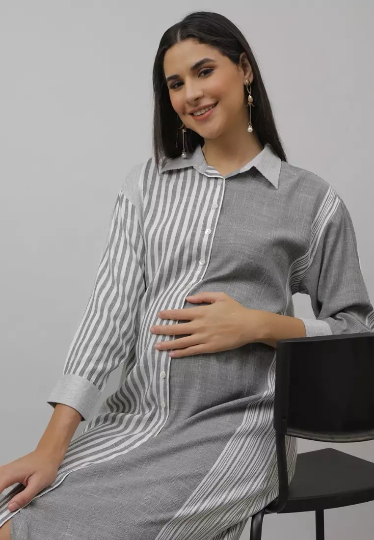 铬珍珠孕妇和哺乳期大廓形衬衫连衣裙