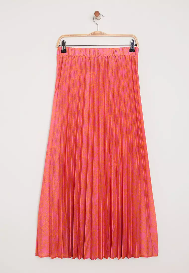Pink Floral Pattern Pleated Waist Elastic Woven Skirt TCTSS23EE00018