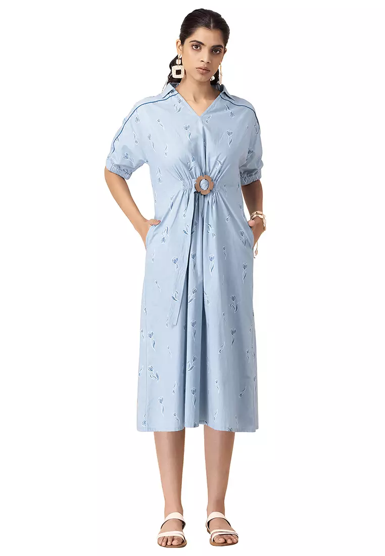 Blue Floral Buckled A-Line Dress