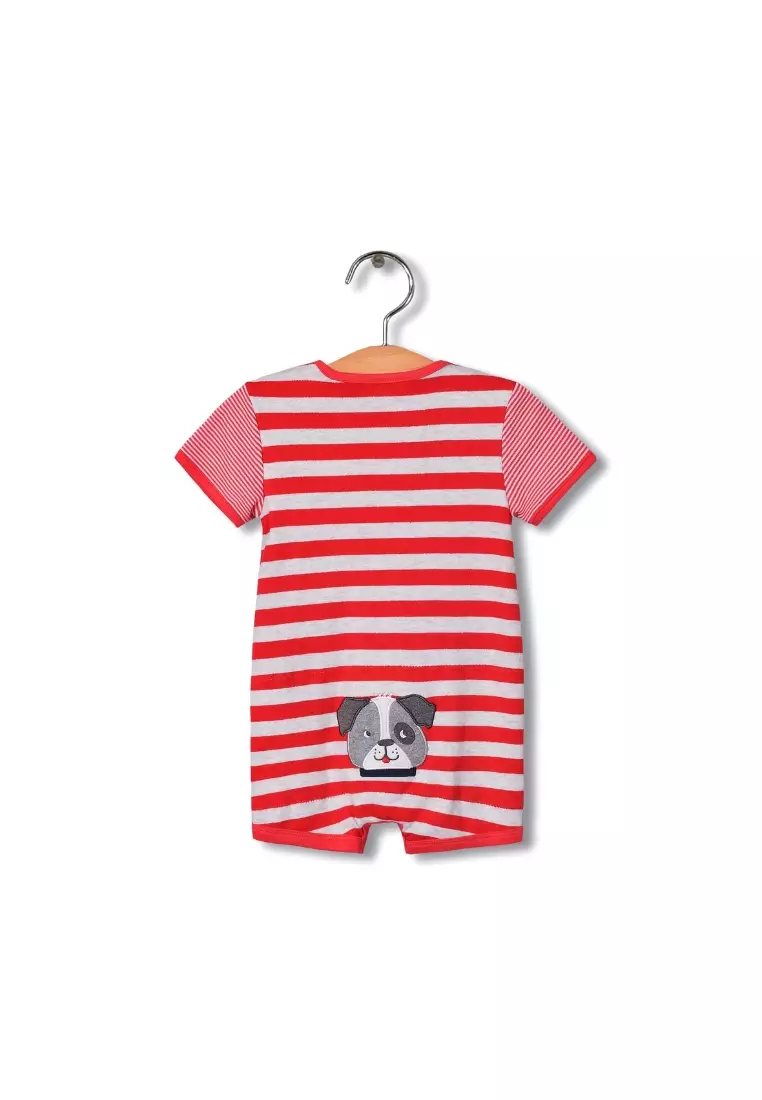 Baby Boy Red Stripe Romper w Embroidered Puppy