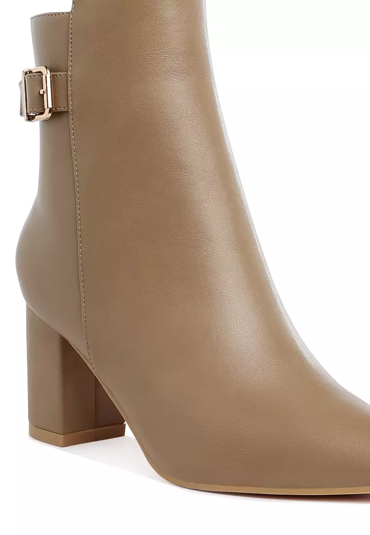 Belt Detail Block Heel Boots in Taupe