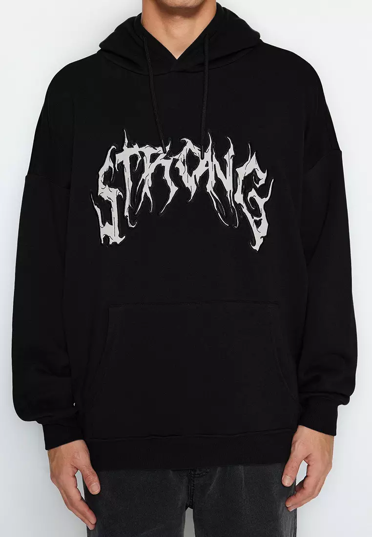 Black Oversize/Wide Cut Fleece Hooded Sweatshirt With Text Embroidery