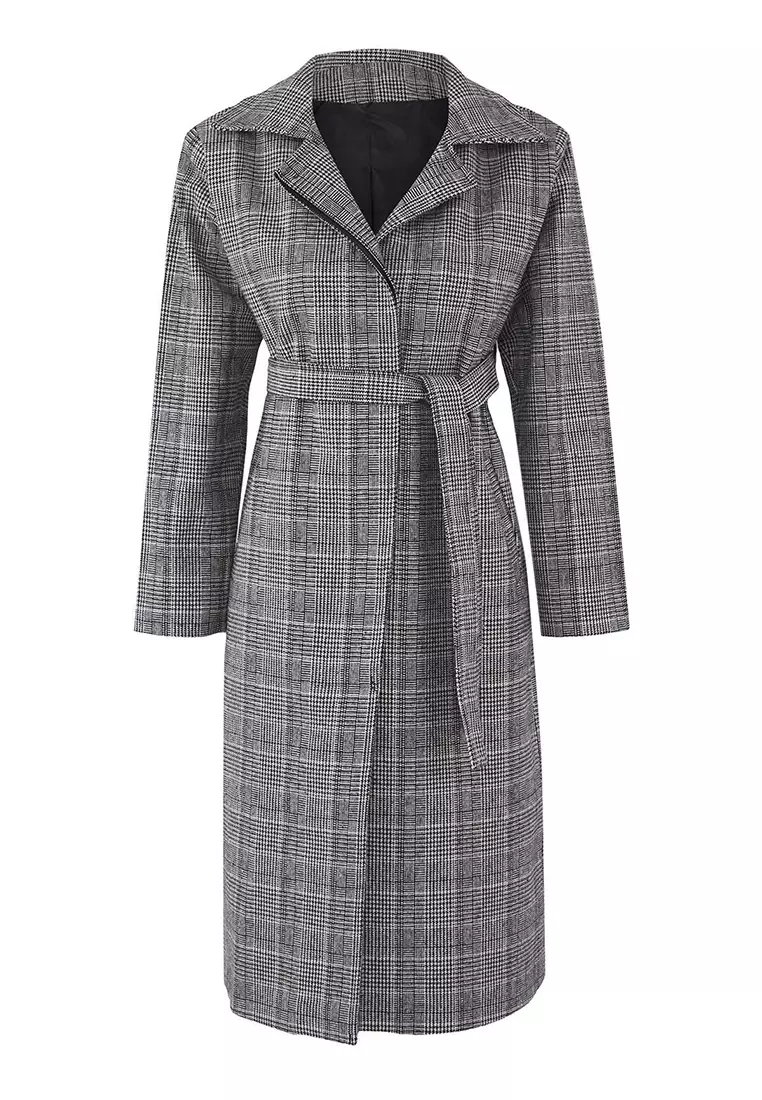 Multicolored Plaid Patterned Mono Closure Long Oversize Coat