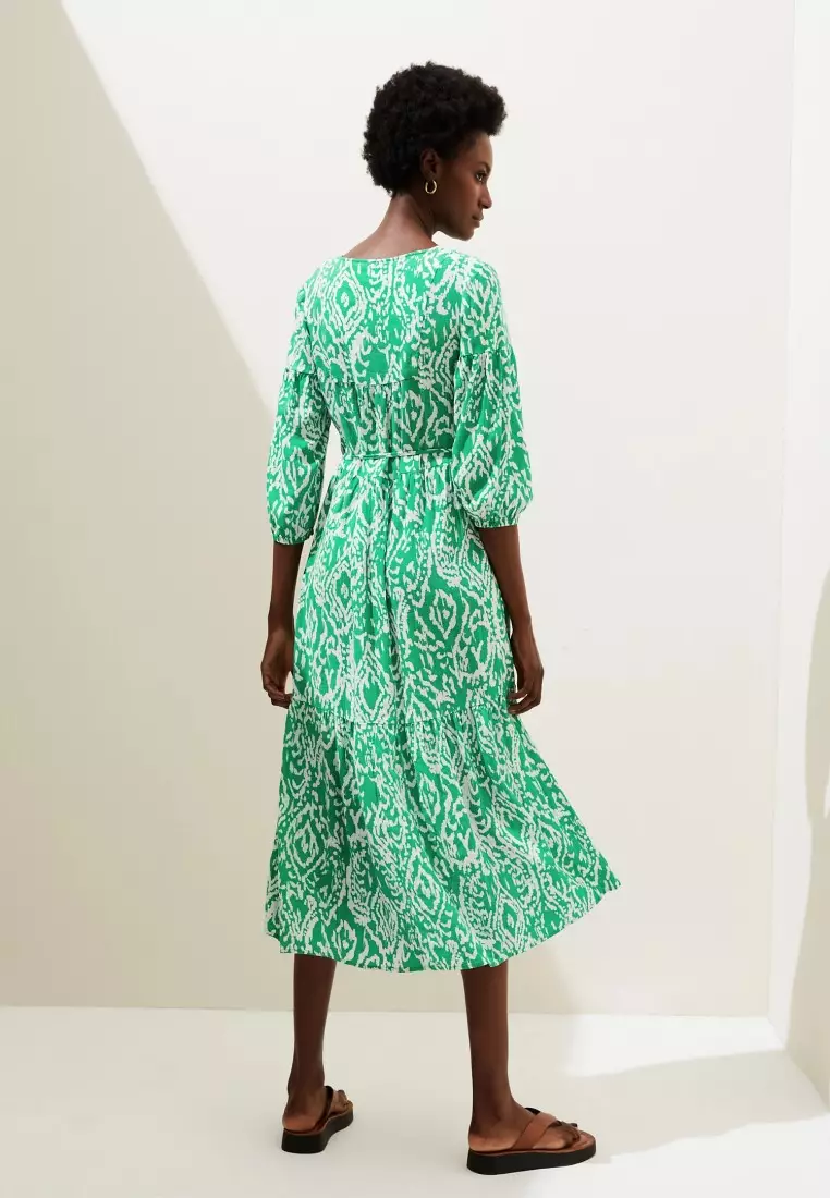 Linen Blend Printed V Neck Midi Dress