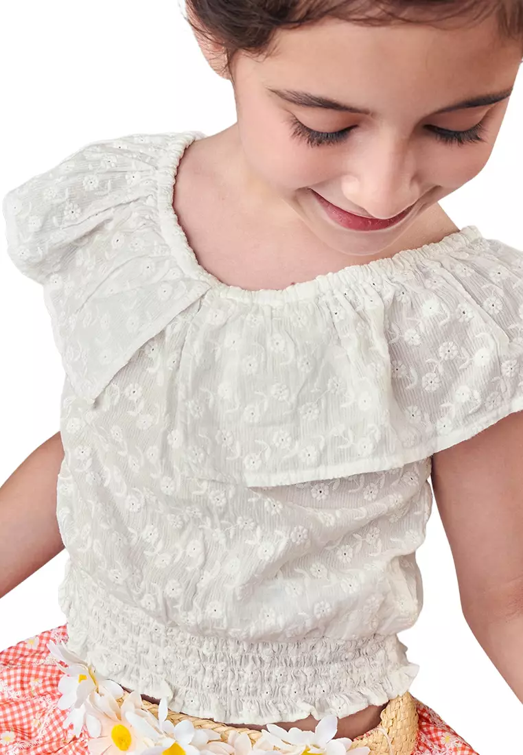 Felicia Embroidered Top With Wide Ruffled Neckline