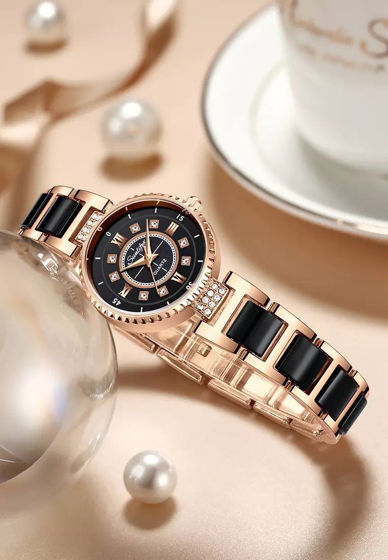 Jam Tangan Wanita Original 8013 Korea Santai Berlian Anti Air Tali keramik Jam Tangan Cewek roseblack