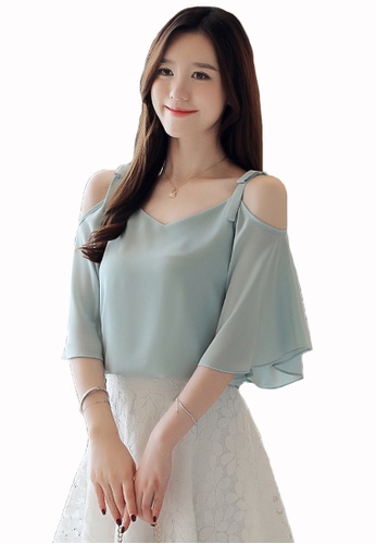 Halo green Cold Shoulder Chiffon Tops AD5F6AA6129CBAGS_1