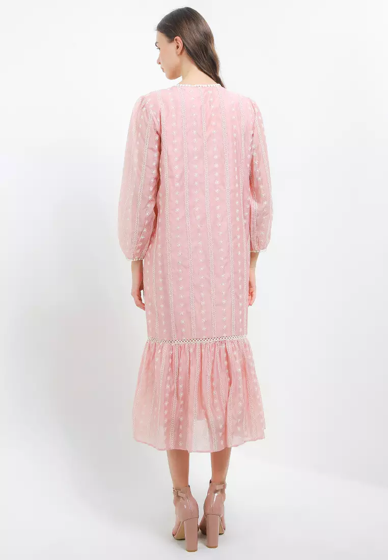 L/S Ruffle Hem Silk Eyelet Maxi Dress