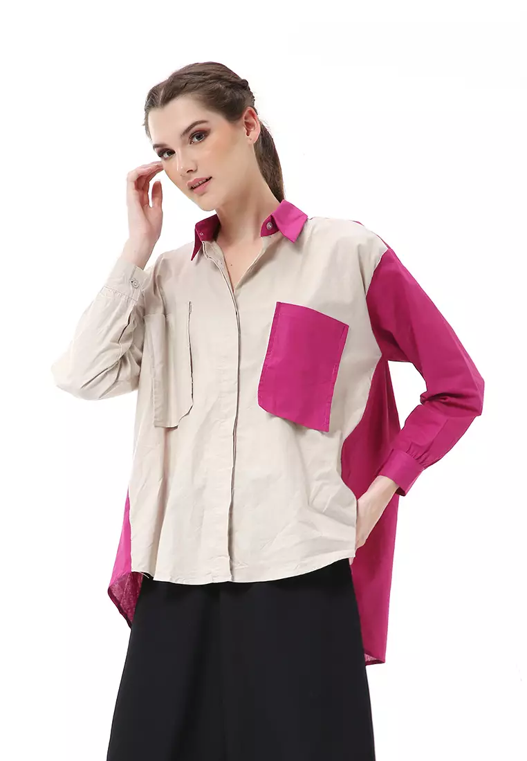 Brielle Atasan Wanita Kemeja Lengan Panjang Model Dua Warna Shirt Two Tone Material Cotton ORIGINAL - Beige Fuschia