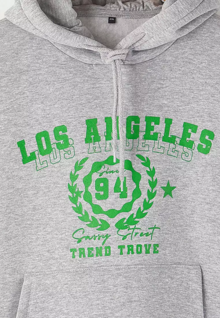 Gray Hooded Oversize Slogan Printed Knitted Plus Size Sweatshirt