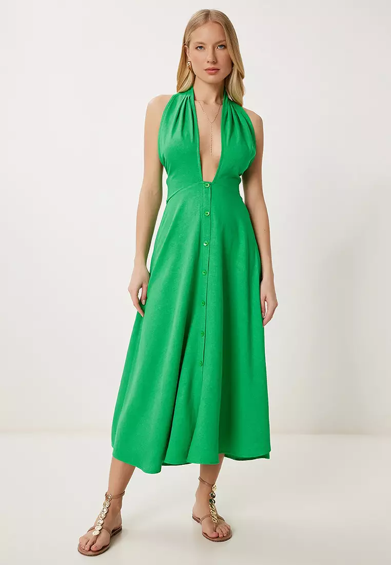 Women's Green Halter Neck Summer Linen Dress Fk00020