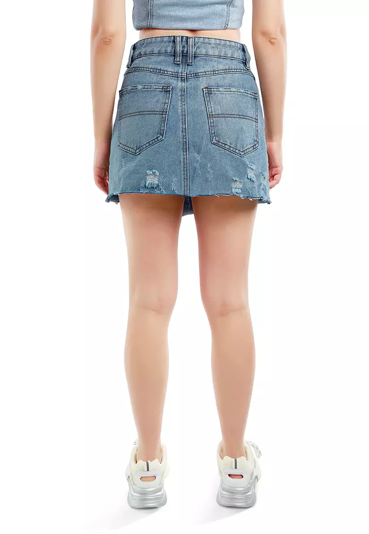 Distressed denim 2024 mini wrap skirt