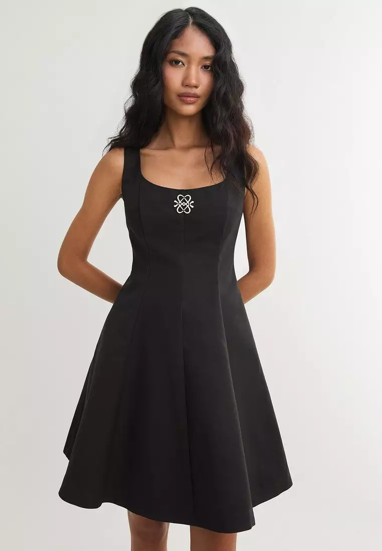 Square Neck Flare Mini Dress - Black