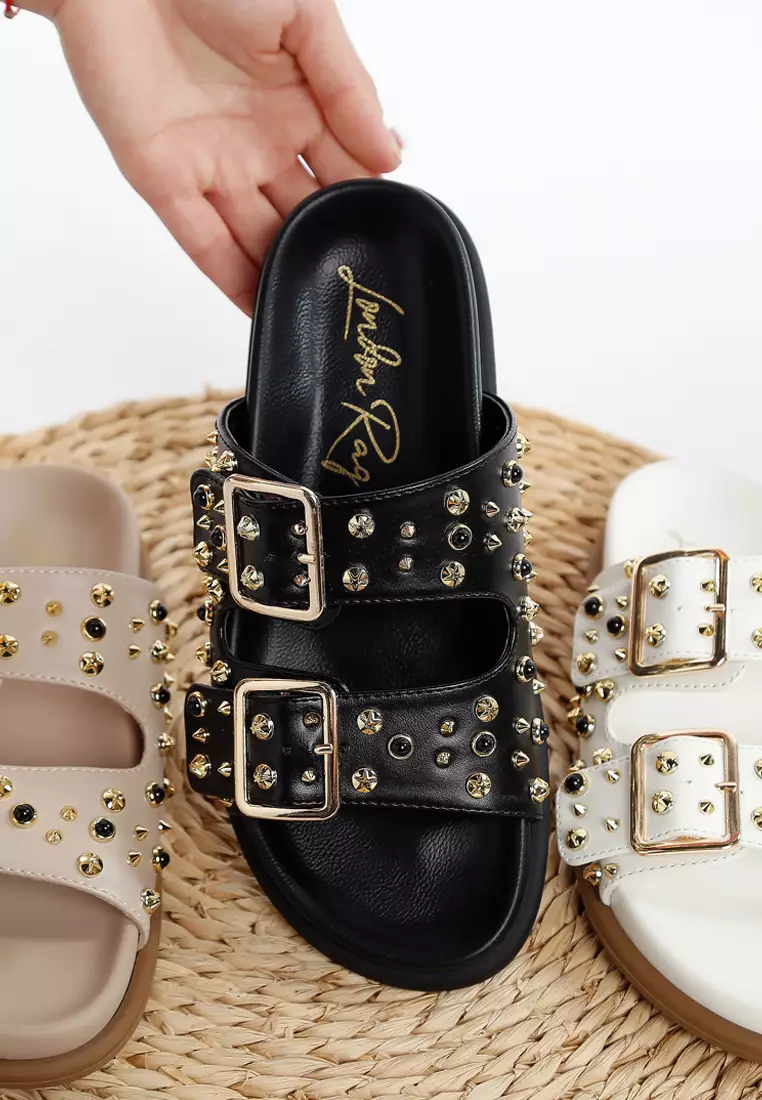 Metallic Stud Embellished Sliders In Black