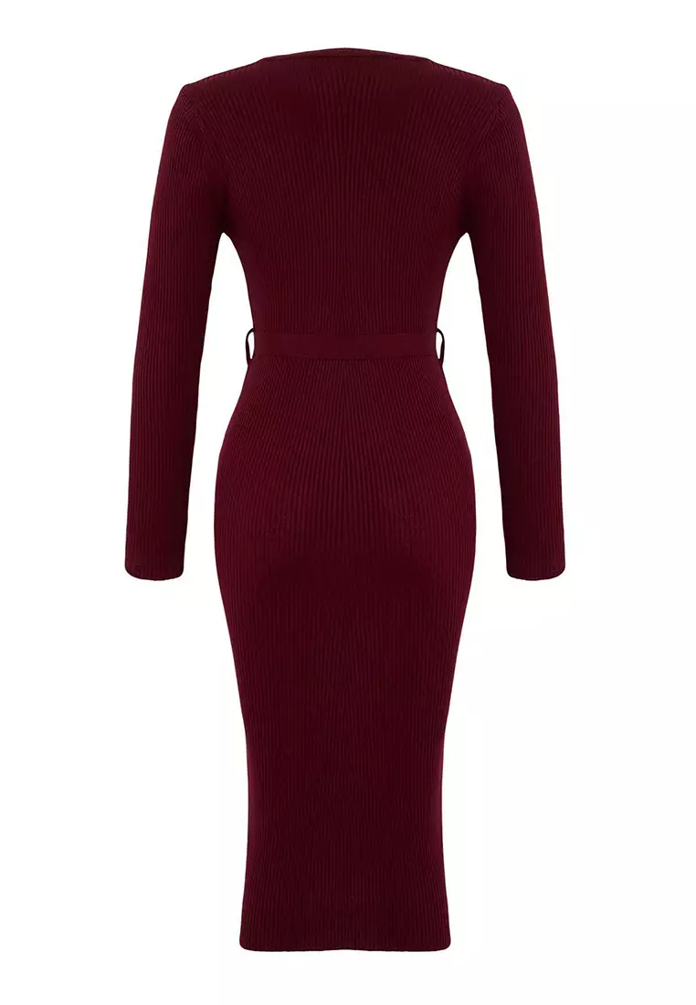 Burgundy Midi Knitwear Belt Detailed Dress