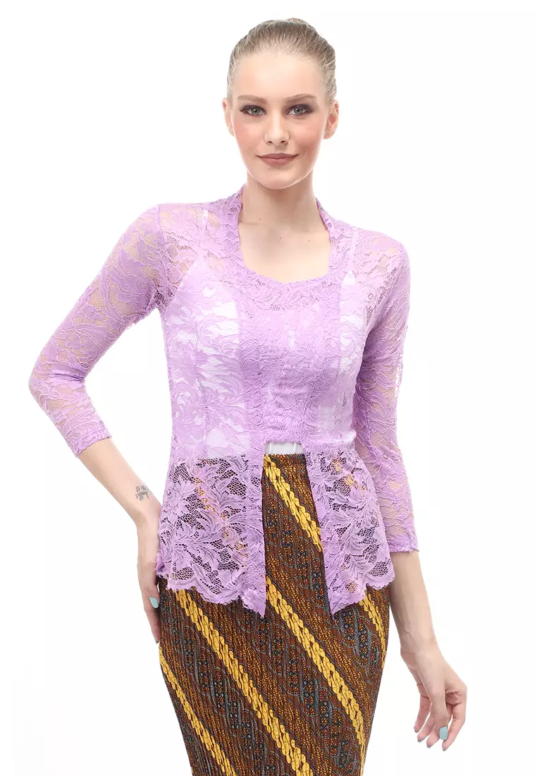 Hara Kebaya Seri 2 Motif Brokat Long Sleeves Atasan Wanita Transparan Premium Quality - Lavender