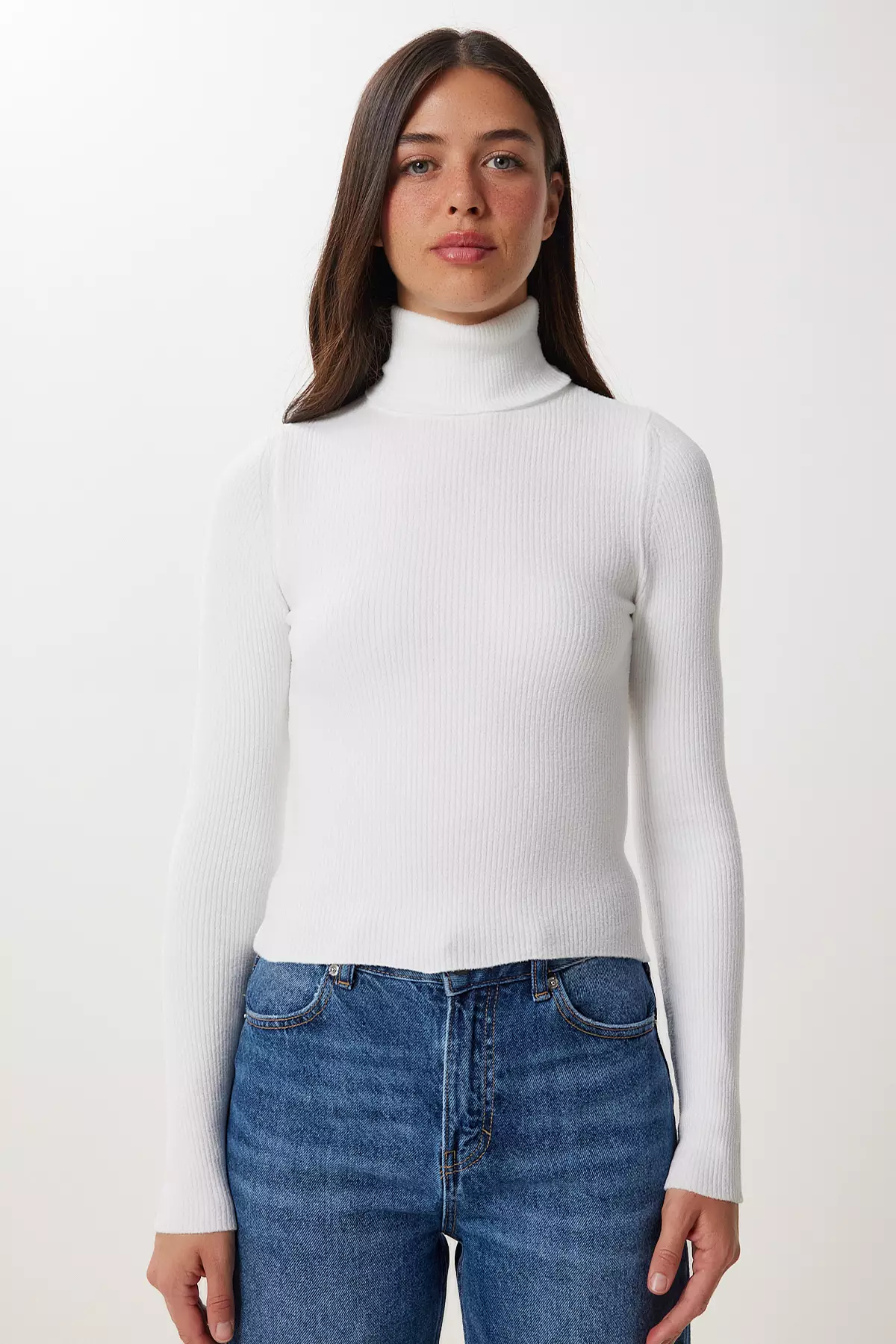Women's White Turtleneck Stretchy Ribbed Sweater Ns00460