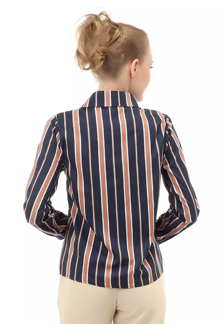 Holly Kemeja Atasan Kasual Wanita Lengan Panjang Motif Garis Material Polyester ORIGINAL - Navy