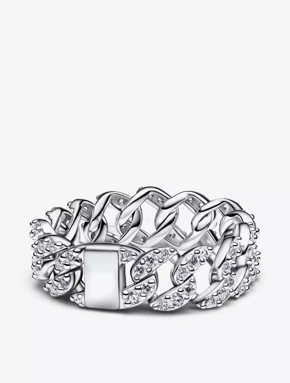 Cuban chain sterling silver ring with clear cubic zirconia