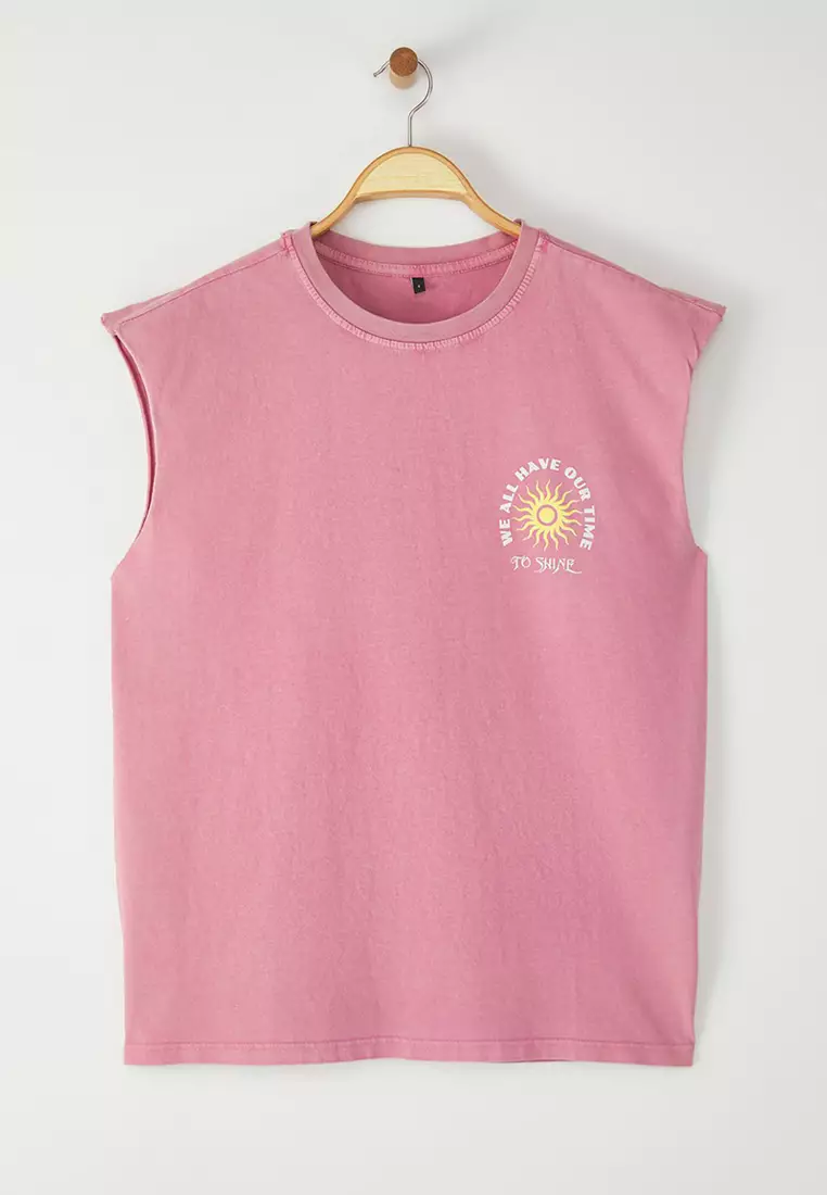 Pale Pink Oversize/Wide Cut Faded Effect Text Print 100% Cotton T-Shirt/Undershirt TMNSS23AL00009