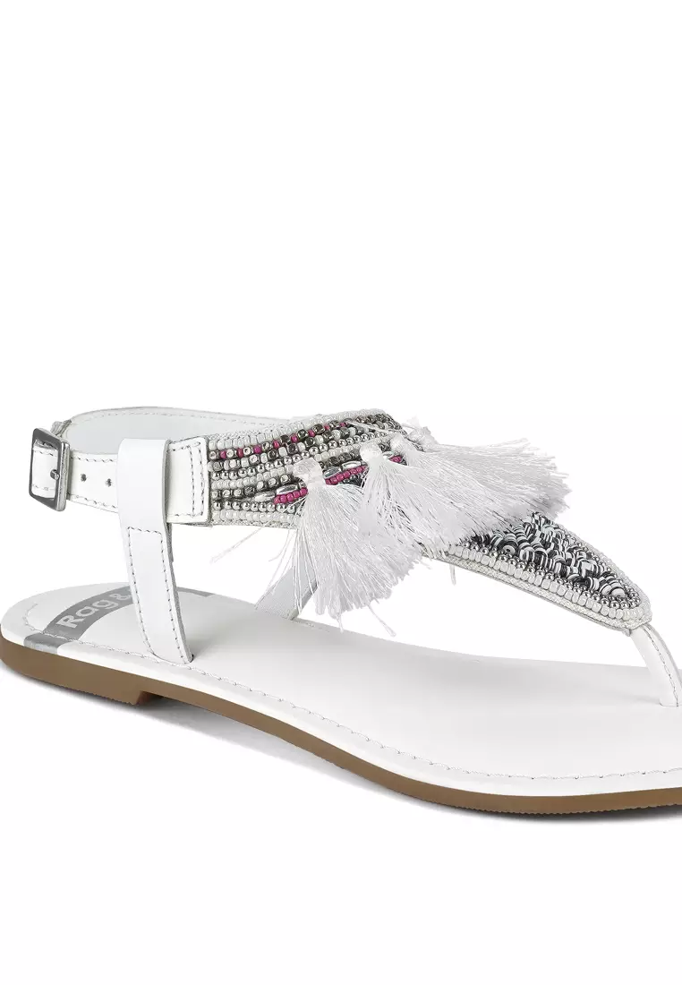 Genuine Leather Tassel Sandals in White