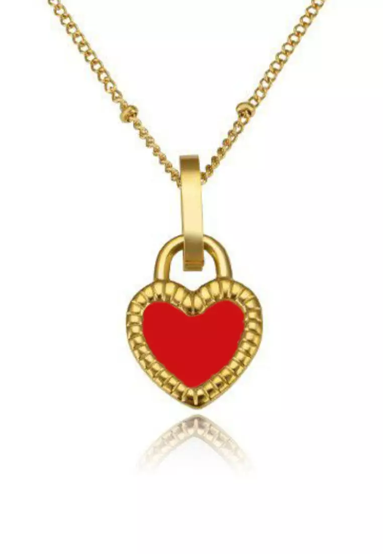 Passionate Love 双面心形坠饰配红黑色陶瓷镶嵌链条项链（金色）