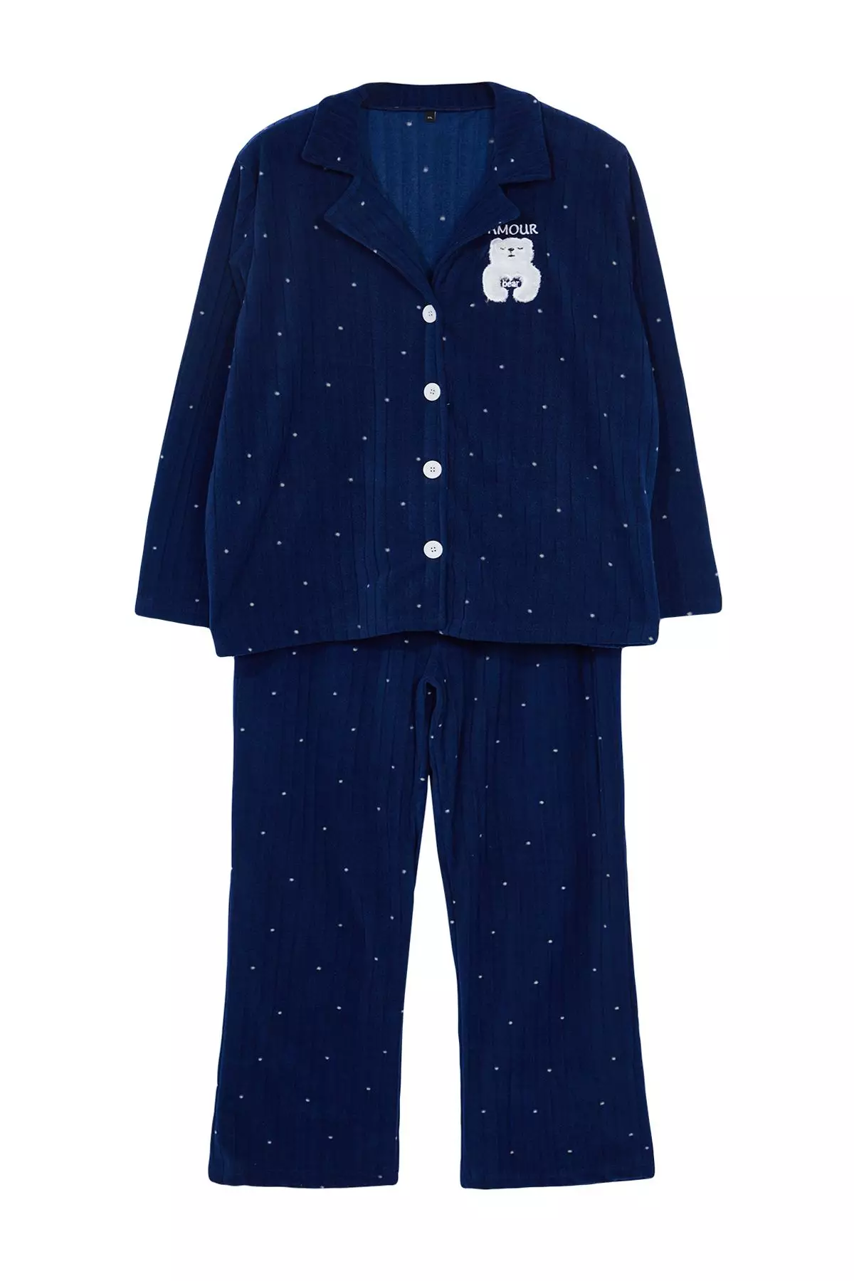Navy Blue Polka Dot Shirt Collar Knitted Pajama Set Tbbaw25Ai00035