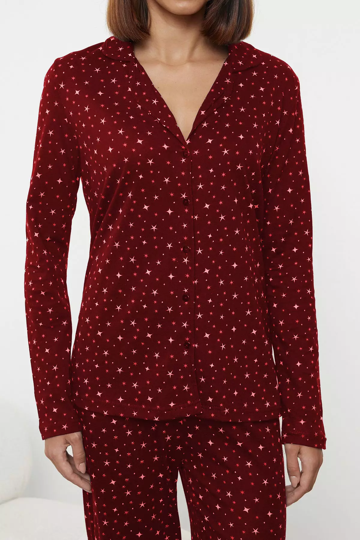 Claret Red 100% Cotton Galaxy Patterned Knitted Pajama Set