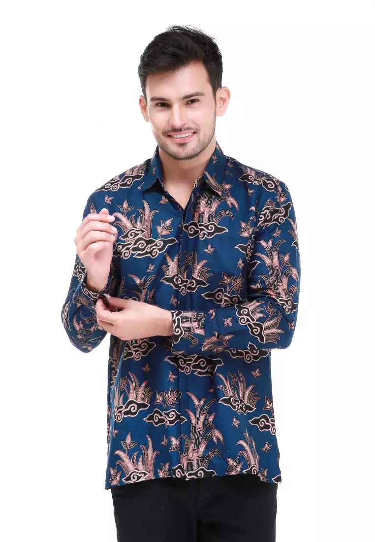 Dwan Kemeja Batik Pria Mega Mendung Atasan Formal Longsleeve Shirt Material Cotton ORIGINAL - Navy