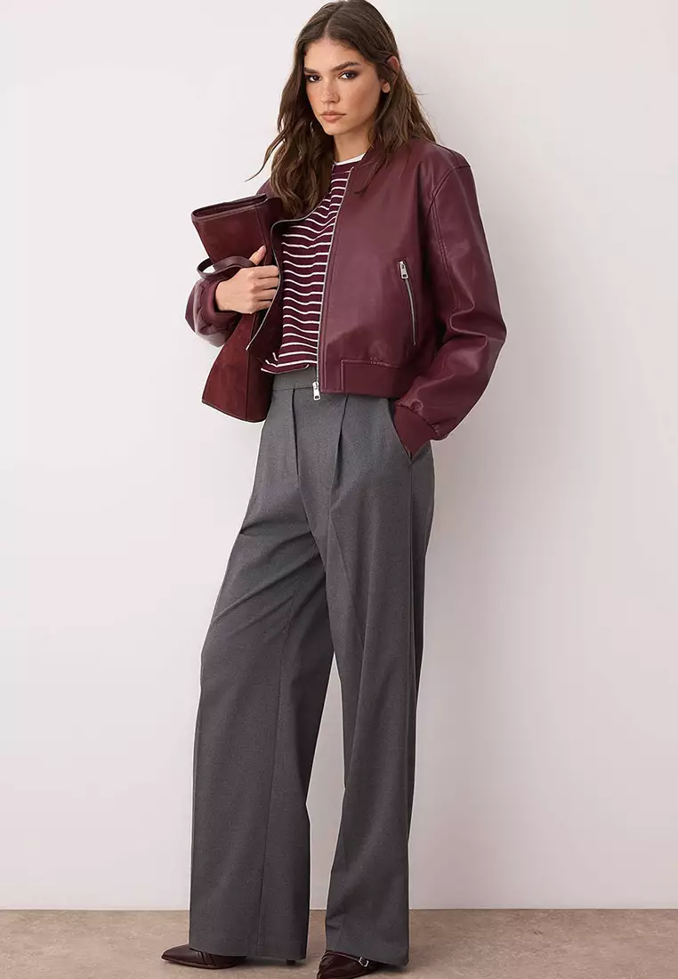 Burgundy Regular Fit Faux Leather Bomber Slim Jacket Coats