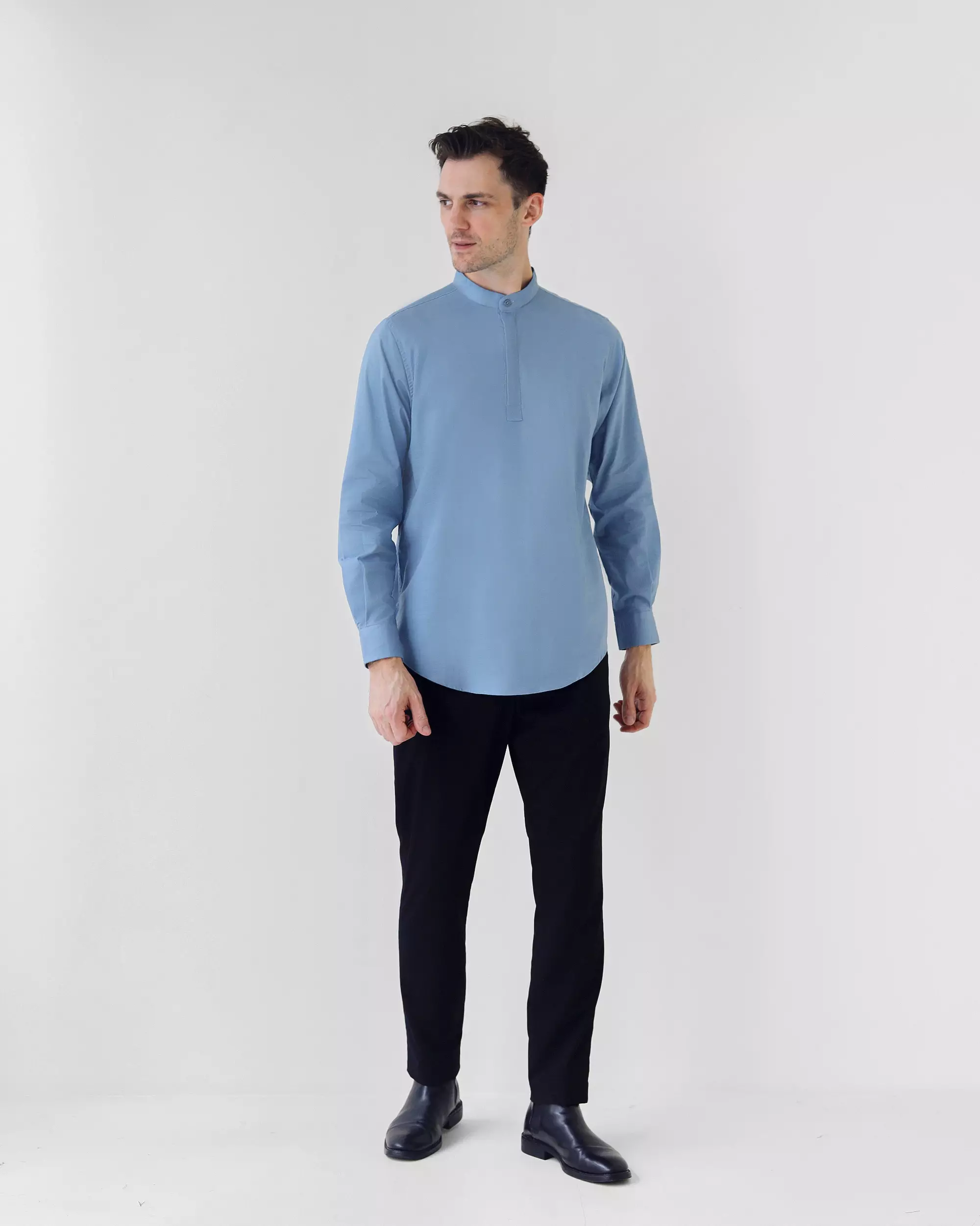 Cotton Well Oman Henley Shirt Blue │Kemeja Koko Basic Lengan Panjang Biru