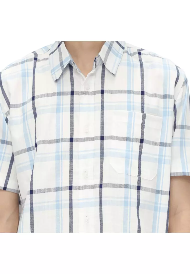 POLICE Kemeja Kotak Cotton Slub Putih Biru Regular Fit Pria