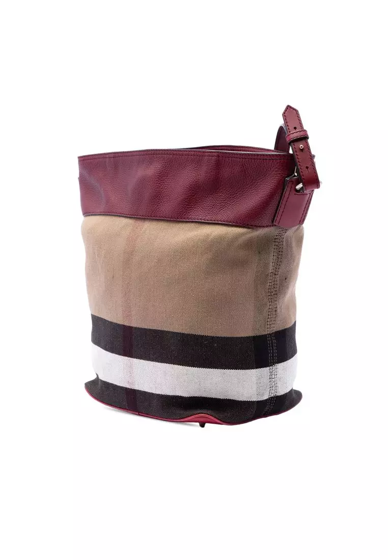 Pre-Loved Burberry Medium Mega Check Canvas And Grained Calfskin Ashby Tassel Bucket Bag