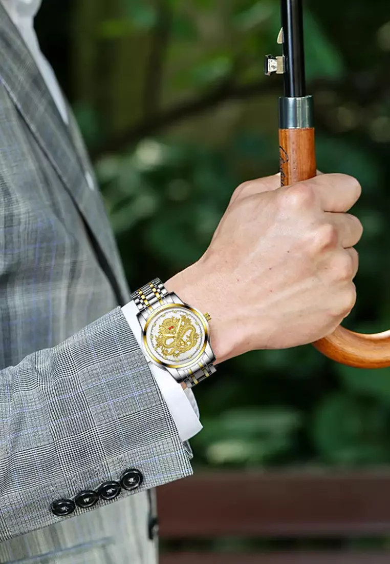 Jam Tangan Pria 9002 Naga Emas Stainless Steel Quartz Original Dragon Gold Kuning Jam Tangan Cowok white