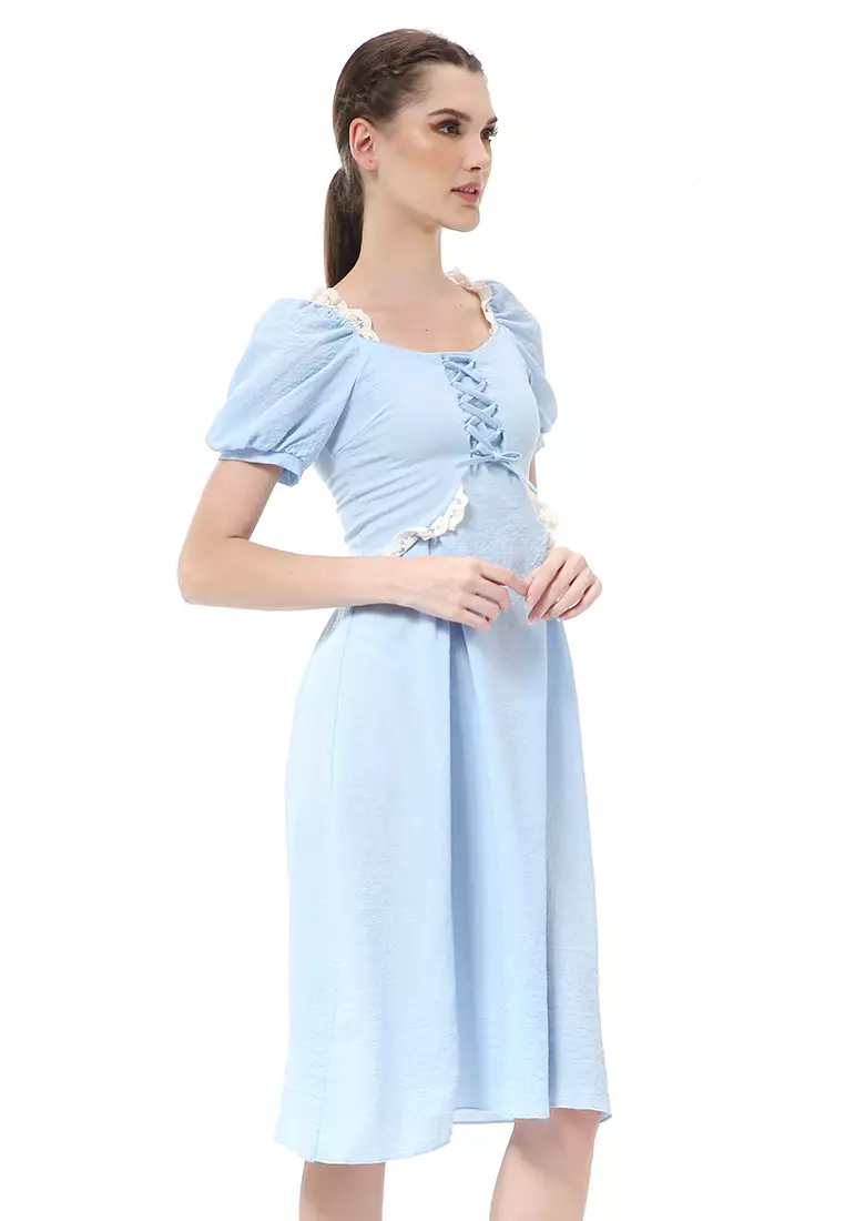 Rachel Slim Dress Wanita Model A-line Lengan Pendek Material Cotton ORIGINAL - Blue