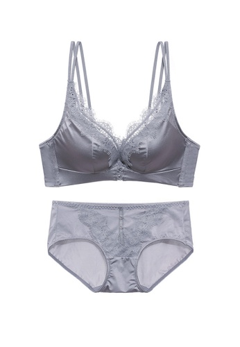 ZITIQUE grey Women's Glossy 3/4 Thick Cup Lace-trimmed Lingerie Set (Bra and Underwear) - Light Grey 5067BUSB149F1FGS_1