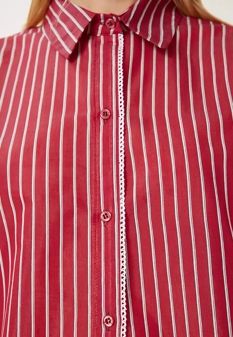 Women's Burgundy Lace Detailed Striped Oversize Shirt Rv00210