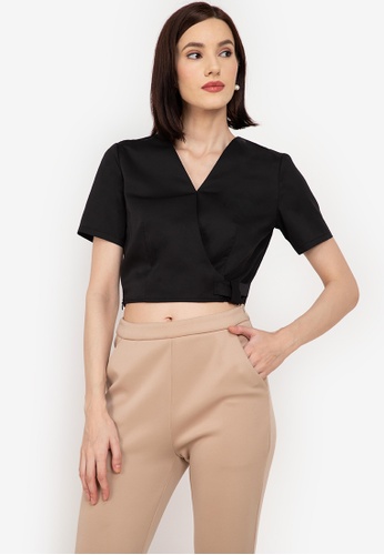 ZALORA WORK black Side Knot Wrap Front Blouse 6F678AA901B9CCGS_1
