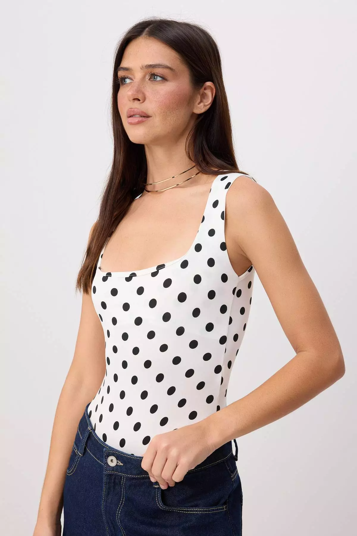 Ecru Polka Dot Fitted Pool Neckline Sleeveless Snap Fastener Stretchy Knitted Bodysuit Twoss26Bd00034