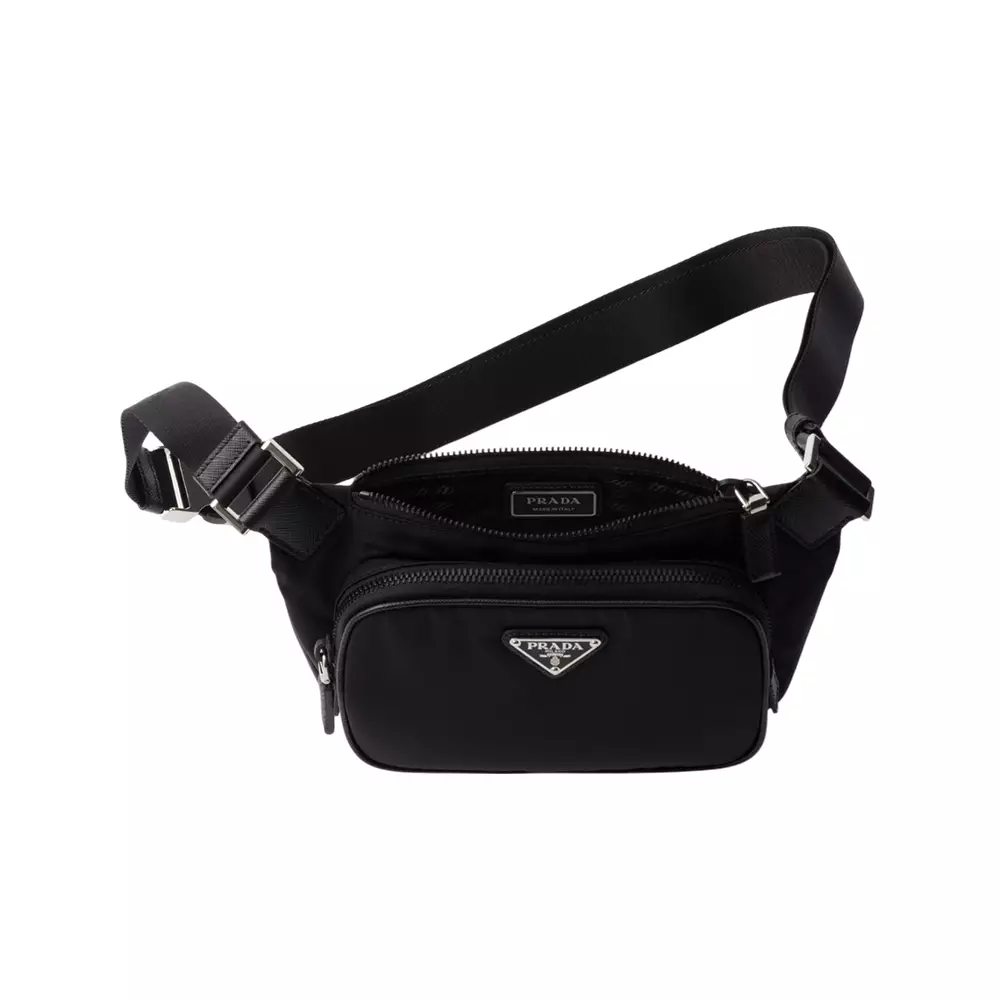 Triangle Logo Re-Nylon and Saffiano Leather Belt Bag Black