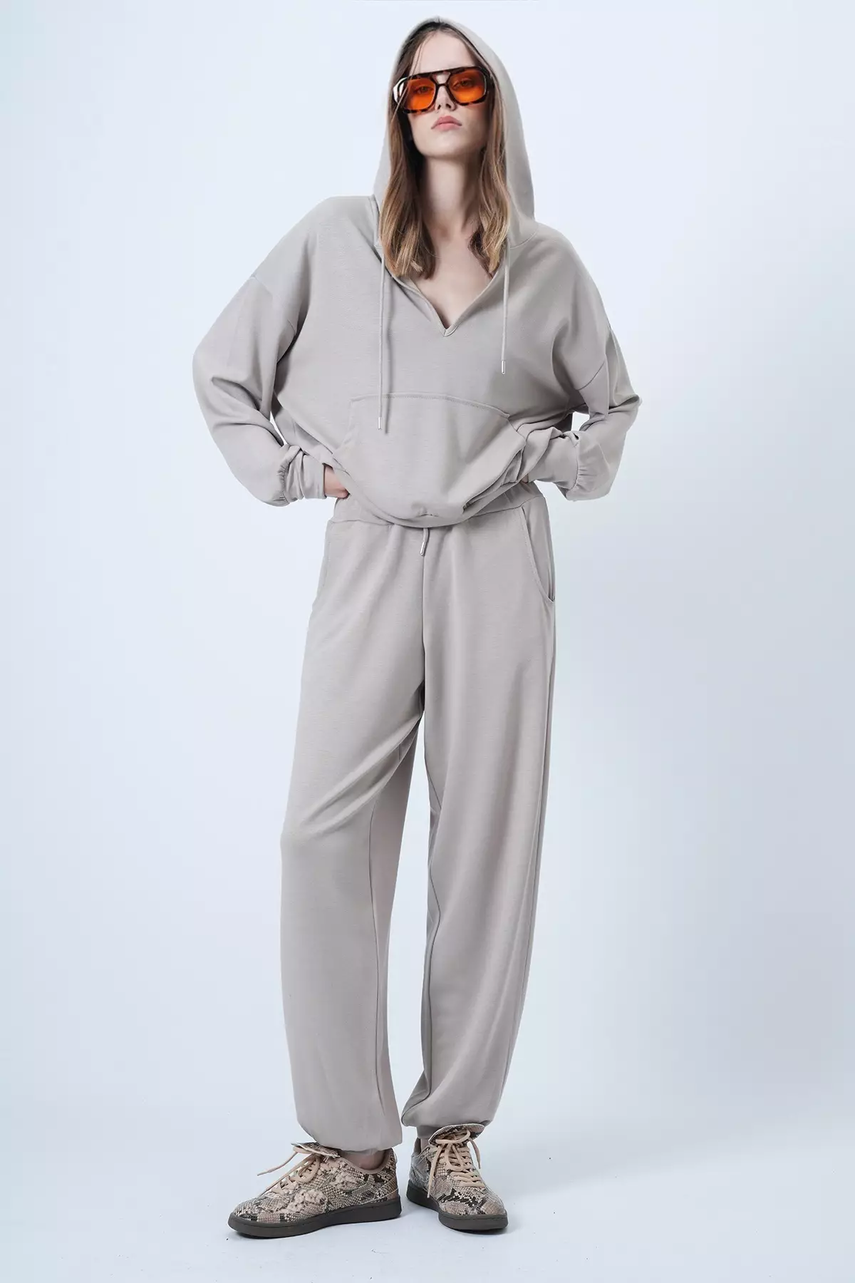 Stone Hooded V-Neck Oversize Modal Sweatshirt And Trousers Set Alc-X14646