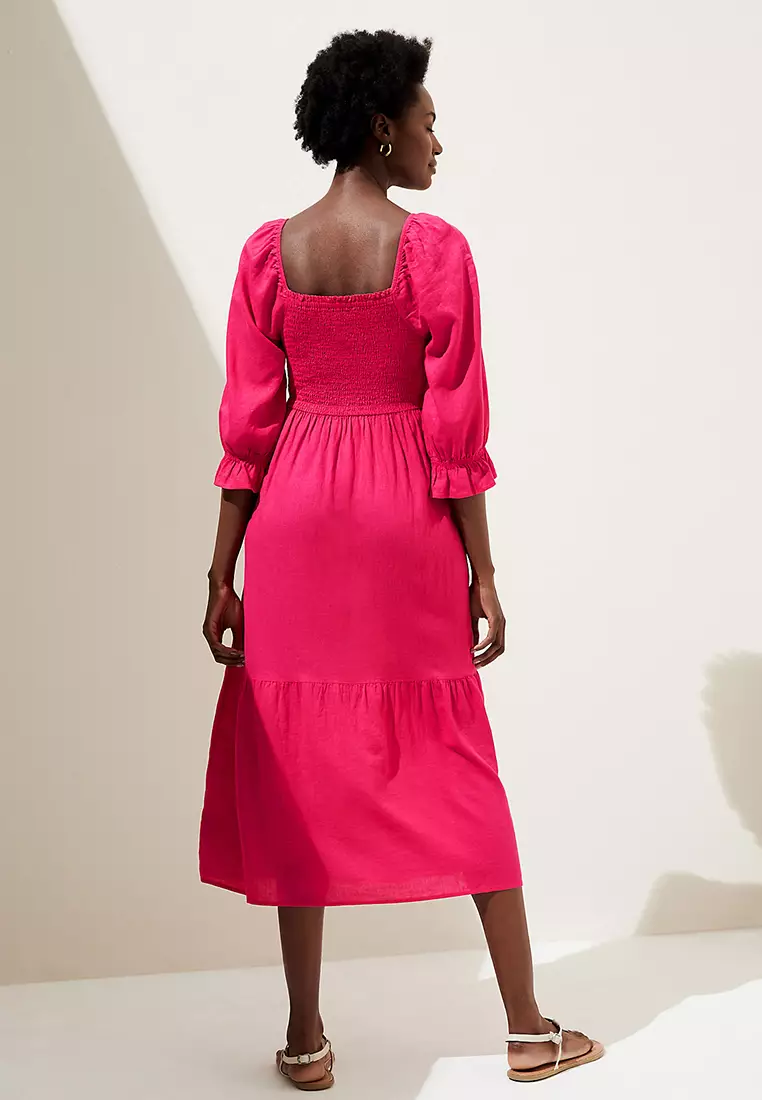 Linen Blend Square Neck Shirred Midi Dress