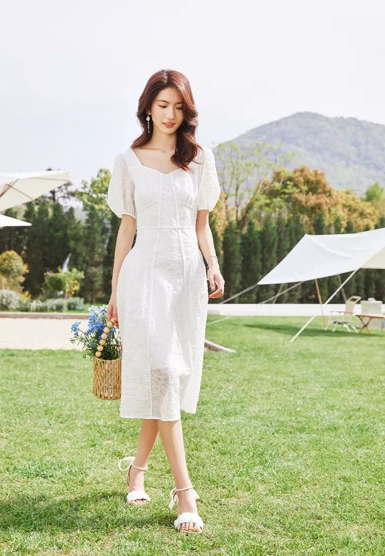 Puff Sleeve Outdoor Elegant Midi Dress