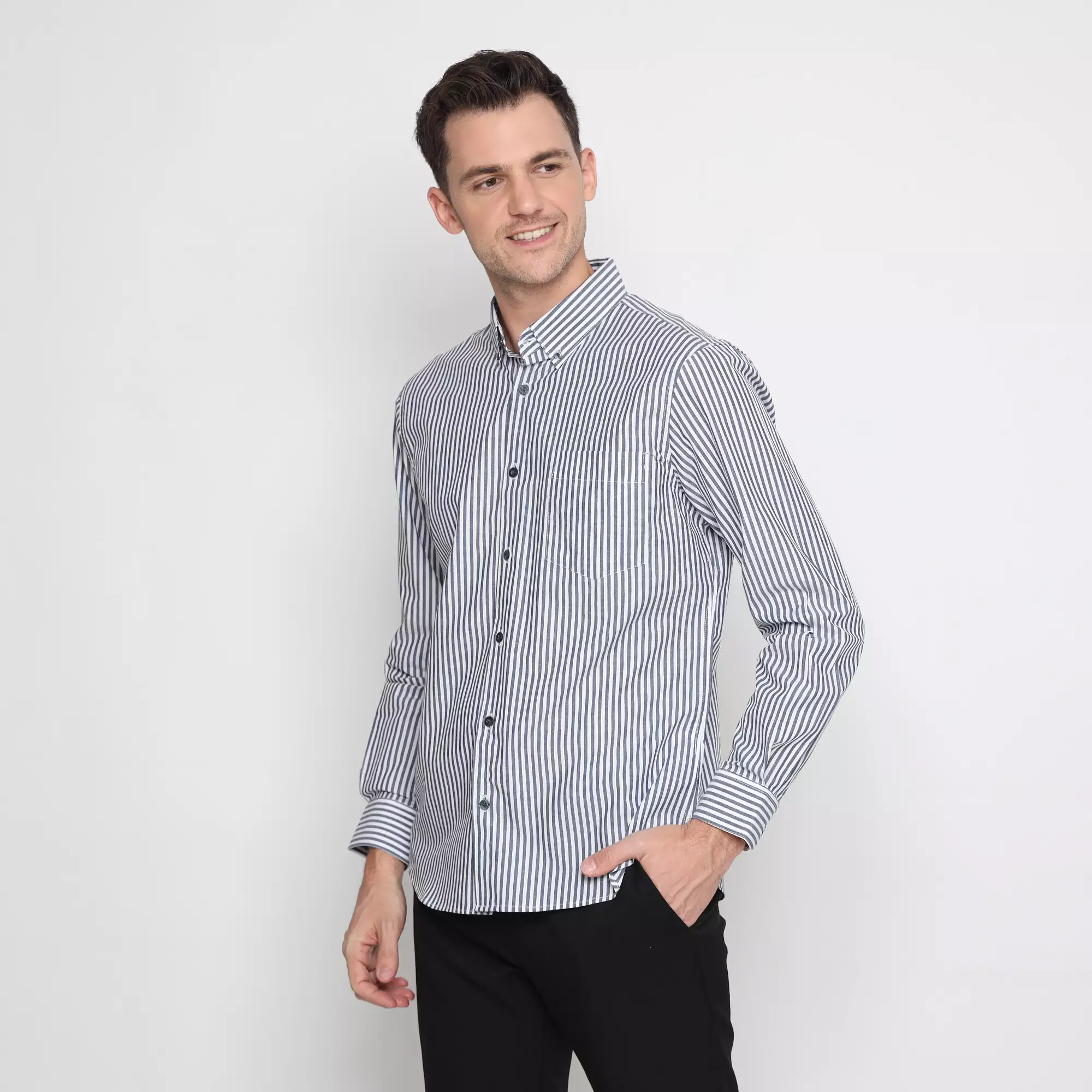 Platini Kemeja Salur Pria Lengan Panjang Katun Biru 76386